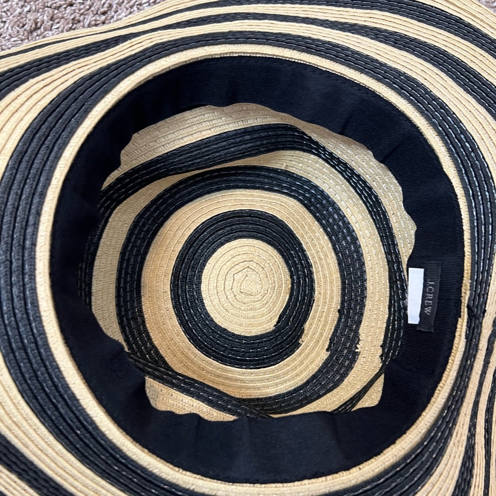 J. Crew Cream Black Striped Sun Hat Large Brim Floppy Beach Summer Paper Straw - Picture 5 of 7